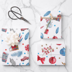 SCHNEEFRAU, FERIENHAUS, CHRISTMAS ORNAMENS, BOWS GESCHENKPAPIER SET