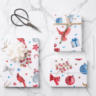 SCHNEEFRAU, ROTE KARDINÄLE, CHRISTMAS ORNAMENS, BO GESCHENKPAPIER SET
