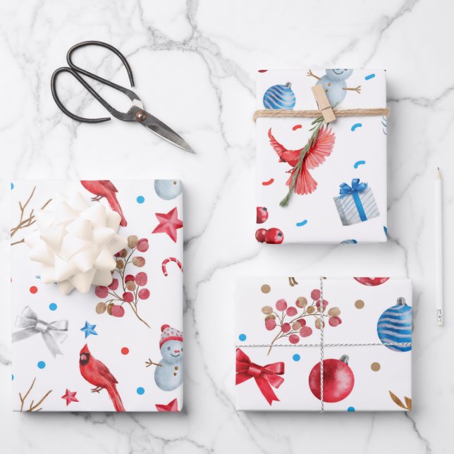 SCHNEEFRAU, ROTE KARDINÄLE, CHRISTMAS ORNAMENS, BO GESCHENKPAPIER SET (Vorderseite)