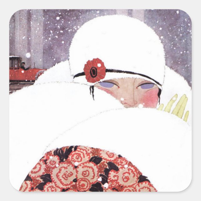 SCHNEEFRAU, WINTERSCHÖNHEIT QUADRATISCHER AUFKLEBER (Vorderseite)