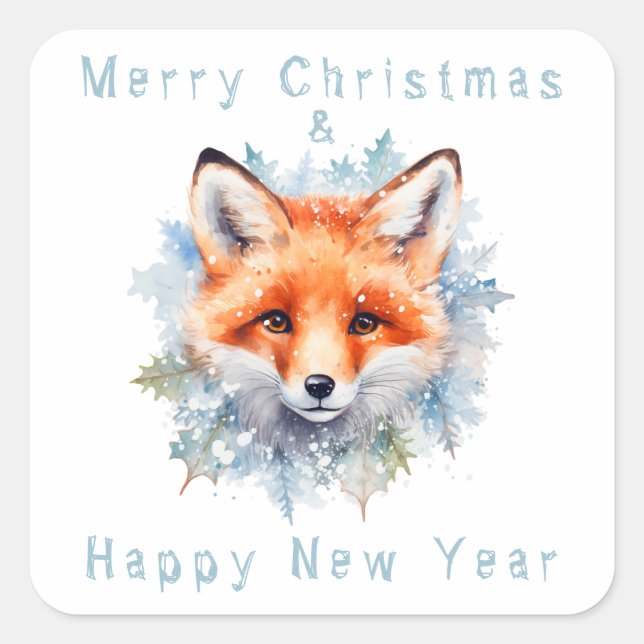 Schneefuchs und Weihnachten Quadratischer Aufkleber (Vorderseite)