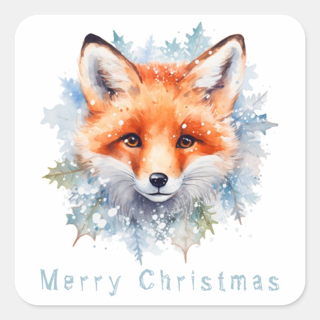 Schneefuchs und Weihnachten Quadratischer Aufkleber (Vorderseite)