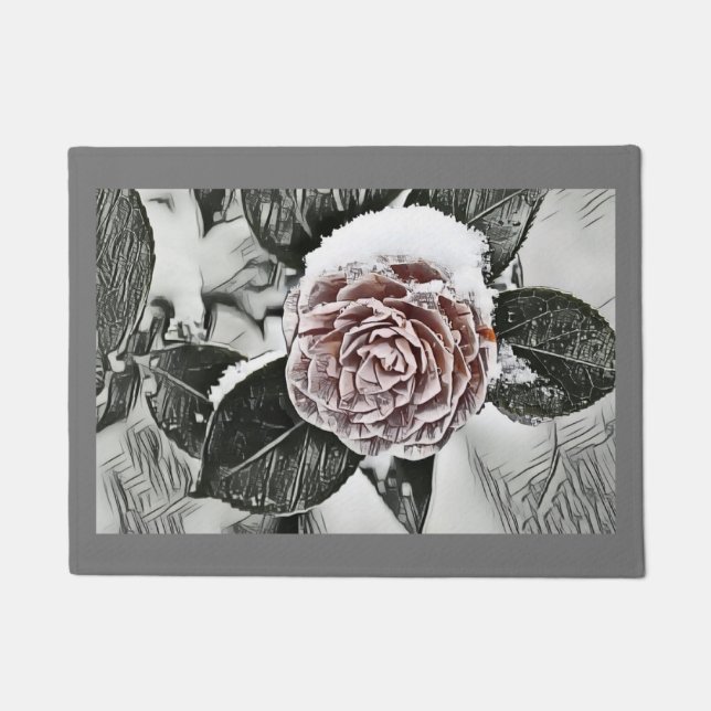 Schneegefrorene Rose Zeichne Türmatte (Vorderseite)