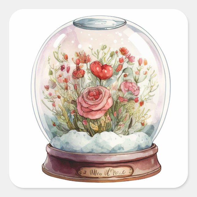 Schneeglobe für Valentine Quadratischer Aufkleber (Vorderseite)