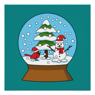 Schneeglobe mit Kardinal Snowman und Pine Tree Poster