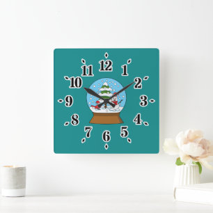 Schneeglobe mit Kardinal Snowman und Pine Tree Quadratische Wanduhr