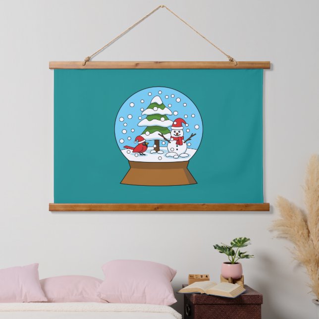 Schneeglobe mit Kardinal Snowman und Pine Tree Wandteppich Mit Holzrahmen (Schlafzimmer)