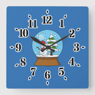 Schneeglobe mit Schneemann und Pine Tree Quadratische Wanduhr