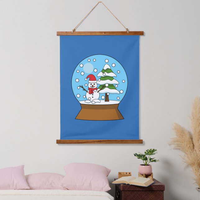 Schneeglobe mit Schneemann und Pine Tree Wandteppich Mit Holzrahmen (Schlafzimmer)