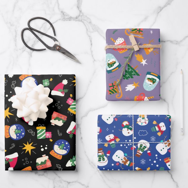 Schneegloben und Schneemänner Set von 3 Geschenkpapier Set (Vorderseite)