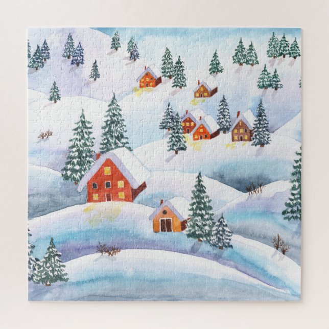 Schneehöhe Hügel, Häuser: Aquarelllandschaft (Vertikal)