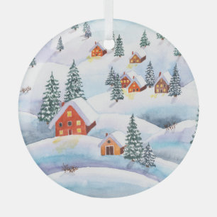 Schneehöhe Hügel, Häuser: Aquarelllandschaft Ornament Aus Glas