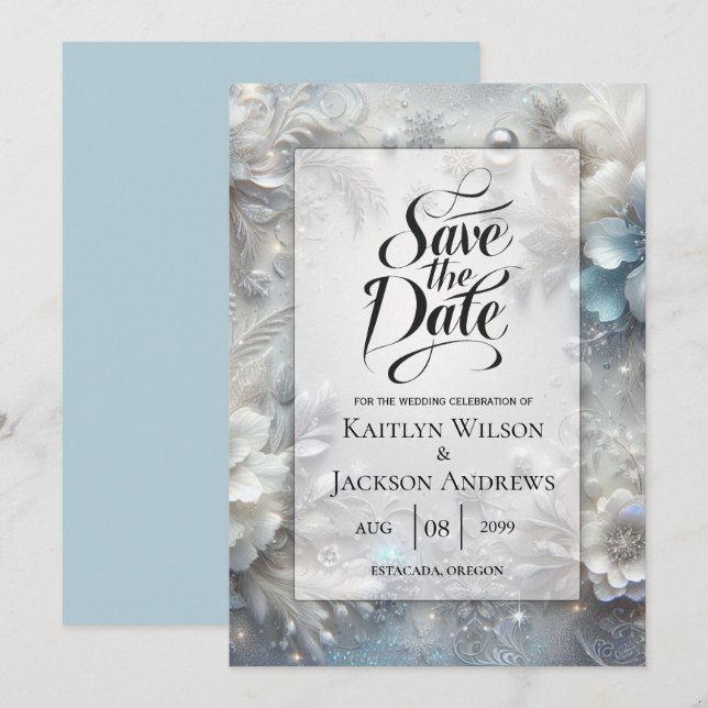 Schneehühnchen in Frostblütenhochzeit Save The Date (Vorne/Hinten)