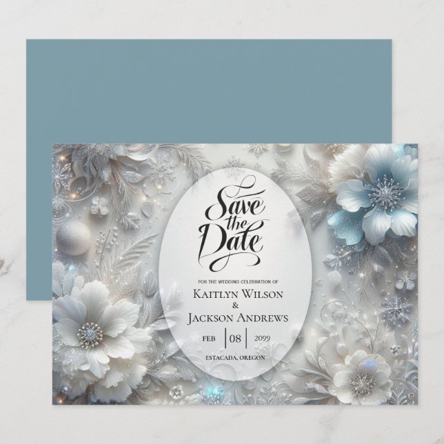 Schneehühnchen in Frostblütenhochzeit Save The Date (Vorne/Hinten)