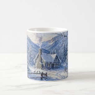 Schneehütten Cottage mit Rauch und Kiefernmalerei Kaffeetasse