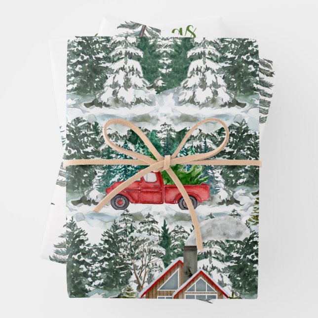 Schneehütten und roter LKW Geschenkpapier Set (Beispiel)