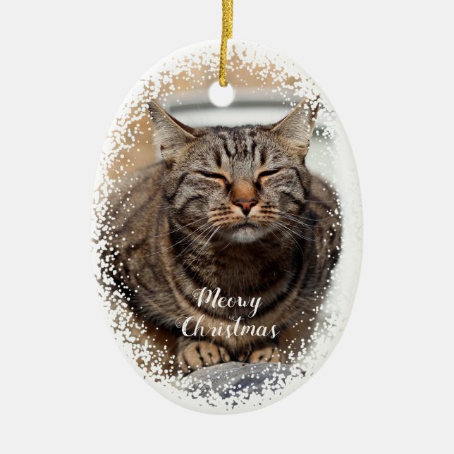 Schneekatze auf Weihnachten Keramik Ornament (Vorne)