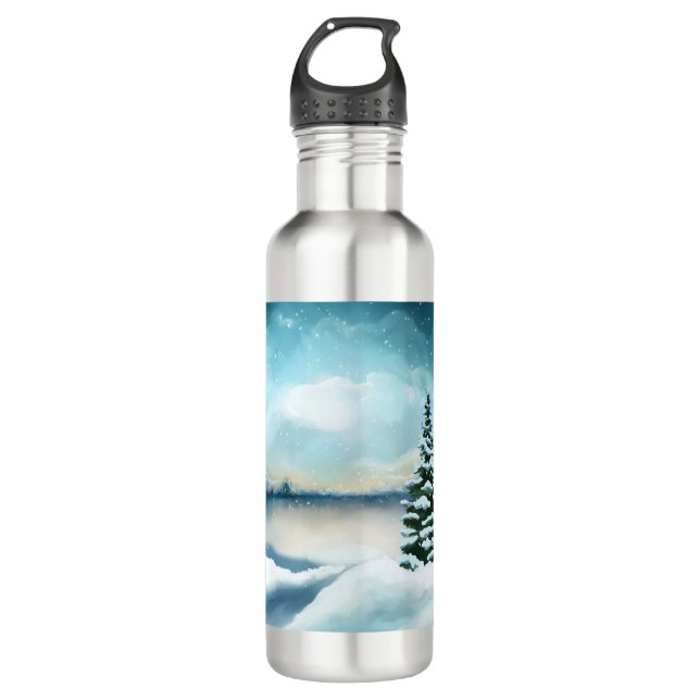 Schneekiefern in der Nähe des Sees Edelstahlflasche (Vorderseite)
