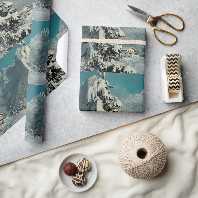 Schneekiefern Vintag Schweiz Chalet Weihnachten Geschenkpapier (Kunsthandwerk)