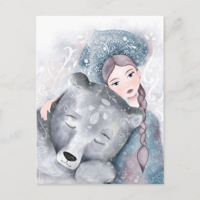 Schneekönigin und Polar-Bär in sanfter Wasserfarbe Postkarte (Vorderseite)