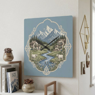 Schneelandschaft Alpen Berg Rustikales Chalet Blau Quadratische Wanduhr