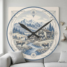 Schneelandschaft Blaue Alpen Rustikales Chalet Runde Wanduhr
