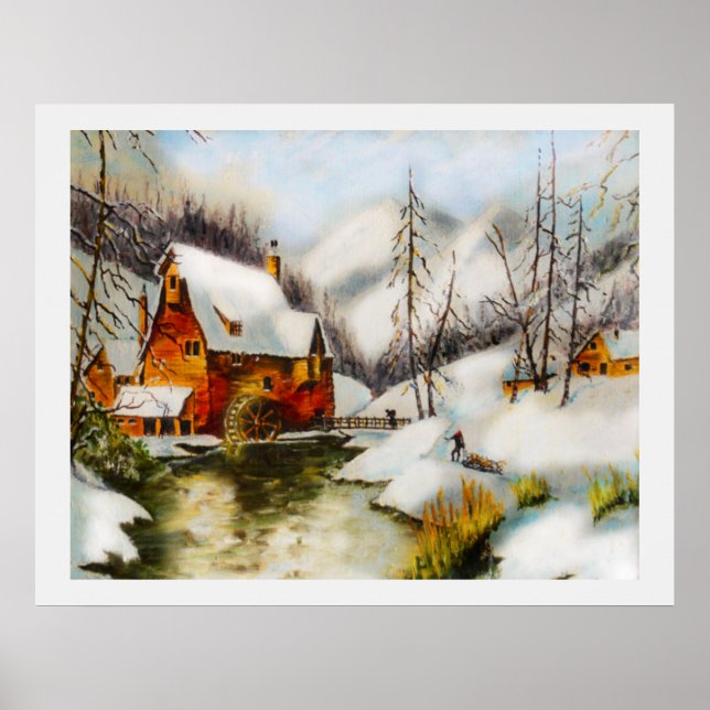 Schneelandschaft mit Wasserrad Poster (Vorne)