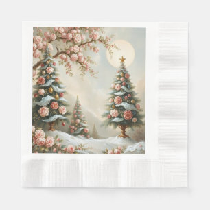 Schneelandschaft mit Weihnachtsbäumen und rosa Ros Serviette