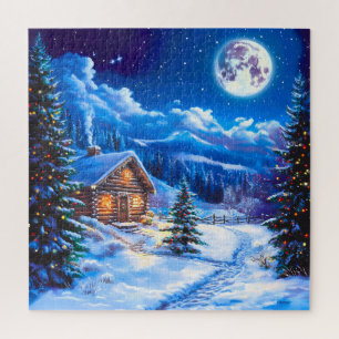 Schneelandschaft Weihnachten Mond Nacht Hütte