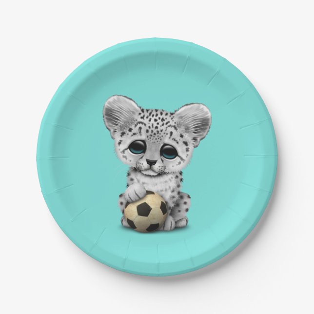 Schneeleopard CUB mit Fußball-Fußball Pappteller (Vorderseite)