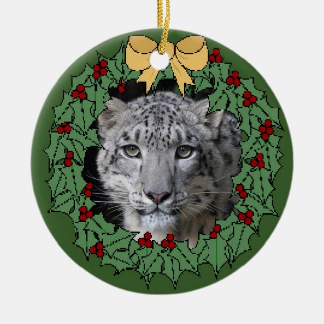 Schneeleopard-Konservanz-Asha in Wreath Keramik Ornament (Vorne)
