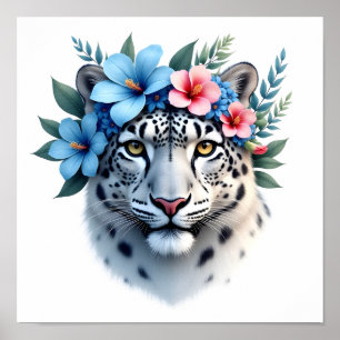Schneeleopard mit blauer und rosa floraler Kronenw Poster