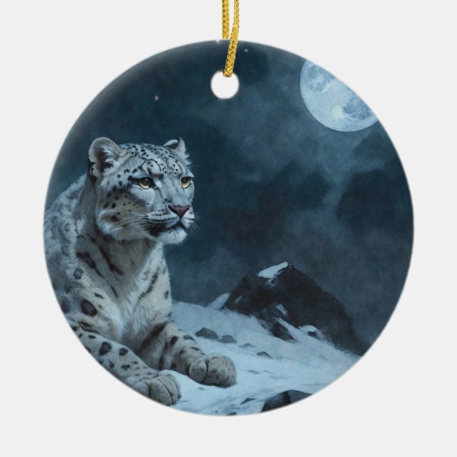 Schneeleopard und Vollmond Keramik Ornament (Vorne)