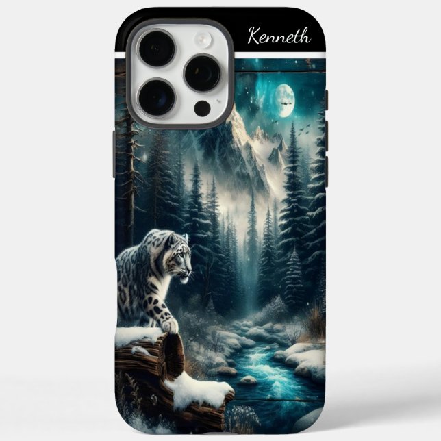 Schneeleopard unter dem Mond iPhone 16 Pro Max Hülle (Rückseite)