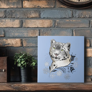 Schneeleopard Winter Eleganz Blaue Schneeflocken Fliese