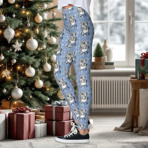 Schneeleopard Winter Eleganz Blaue Schneeflocken Leggings