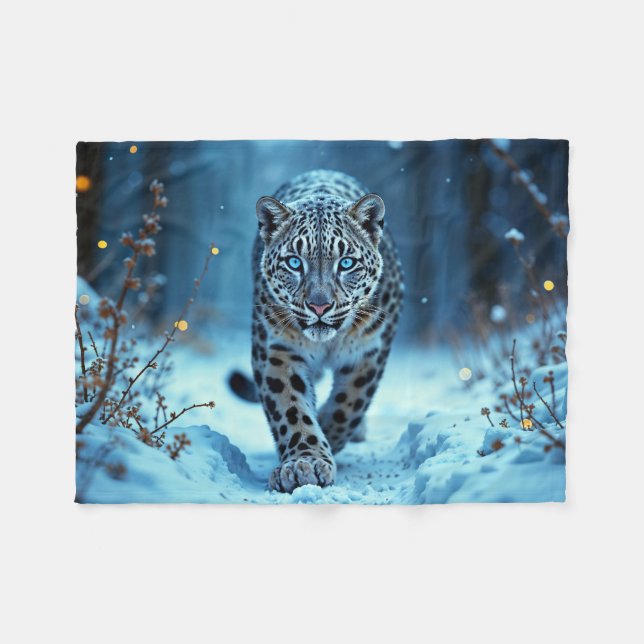 Schneeleopard Winter majestätisch blauer mit Augen Fleecedecke (Vorderseite (Horizontal))