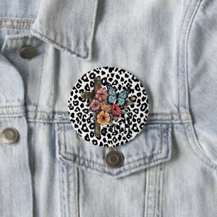 Schneeleopardenkreuz, Blumen und Schmetterlinge Button