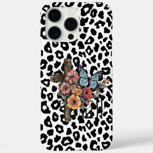 Schneeleopardenkreuz, Blumen und Schmetterlinge iPhone 16 Pro Max Hülle