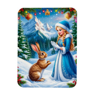Schneemädchen in einer winterlichen Waldszene mit Magnet