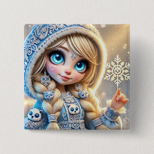 Schneemädchen mit glitzerndem Schneeflocke Button