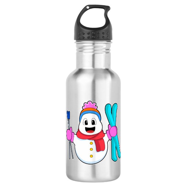 Schneemann als Skifahrer Edelstahlflasche (Vorderseite)