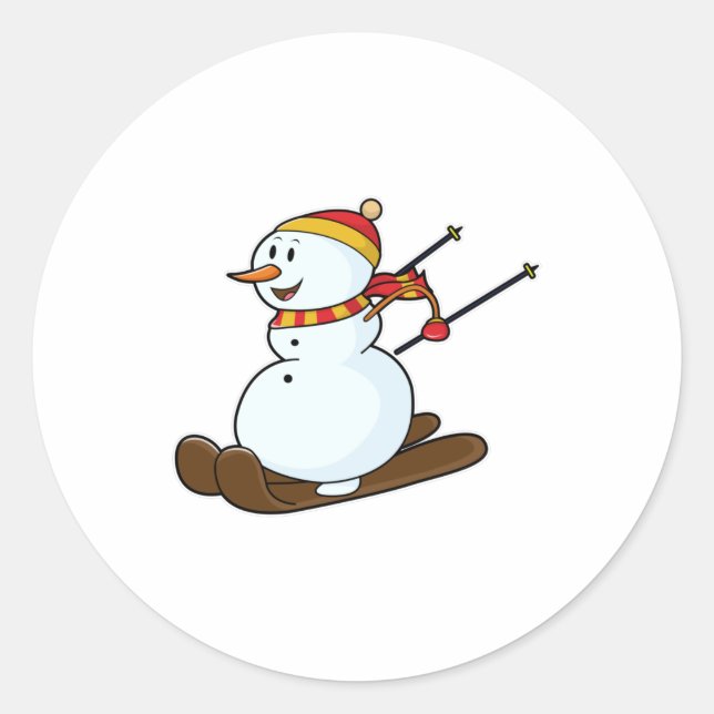 Schneemann als Skifahrer mit Skis & Cap Runder Aufkleber (Vorderseite)