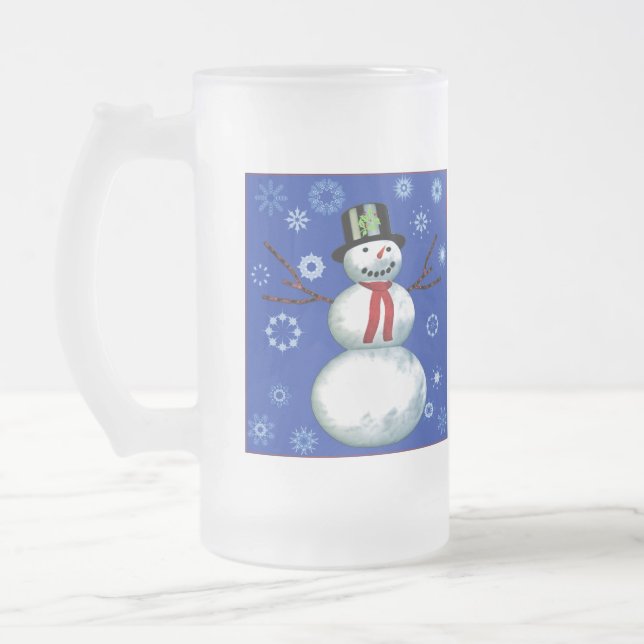 Schneemann auf blau mit Schneeflocken Mattglas Bierglas (Links)