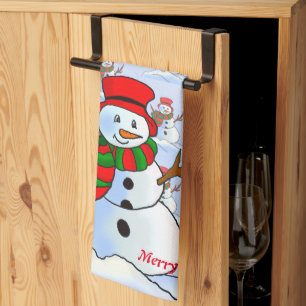 Schneemann auf blauem Hintergrund und Schneeflocke Geschirrtuch