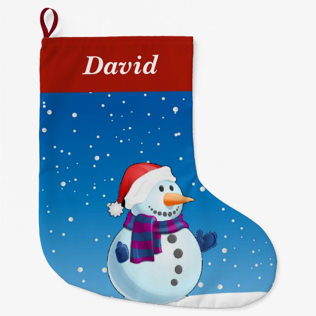 Schneemann auf blauen großen Weihnachtsfeiern Stru Großer Weihnachtsstrumpf (Vorderseite)