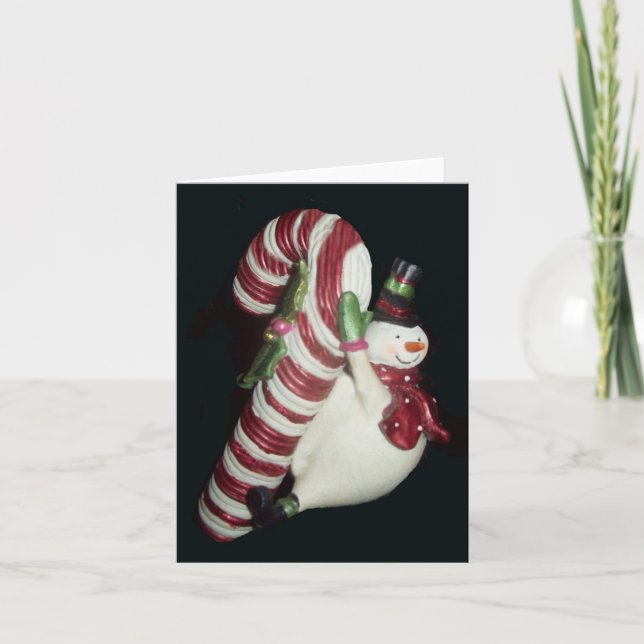 Schneemann auf einem Candy Cane Foto Faltkarte (Vorderseite)