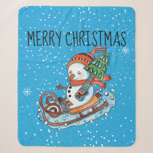 Schneemann auf einem Schlitten Fleece Sherpa Decke Sherpadecke