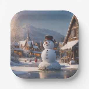 Schneemann auf Eis in einem Weihnachtsdorf Pappteller