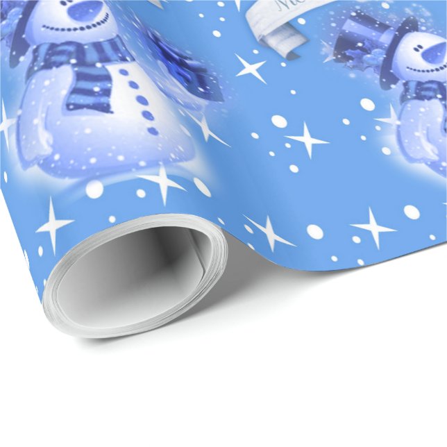 Schneemann auf eisigem blauem Muster Geschenkpapier (Rolleneckpunkt)